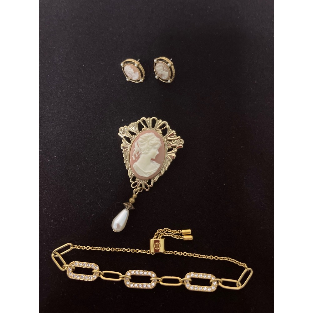 Vintage Style Cameo Brooch Earrings Set and Gold Tone Crystal Bolo Bracelet Lot